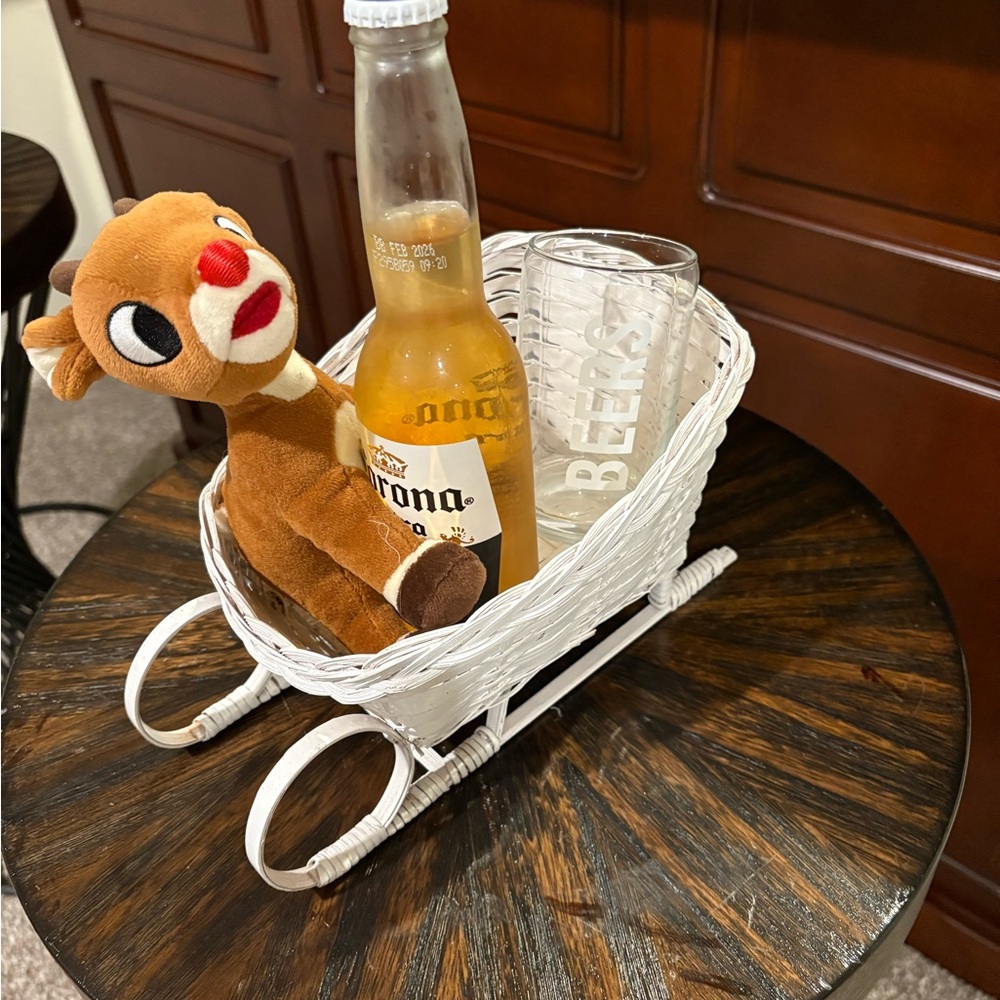 DEER ON A BEER!  Corona Bottle in White Sleigh with Plush Reindeer!